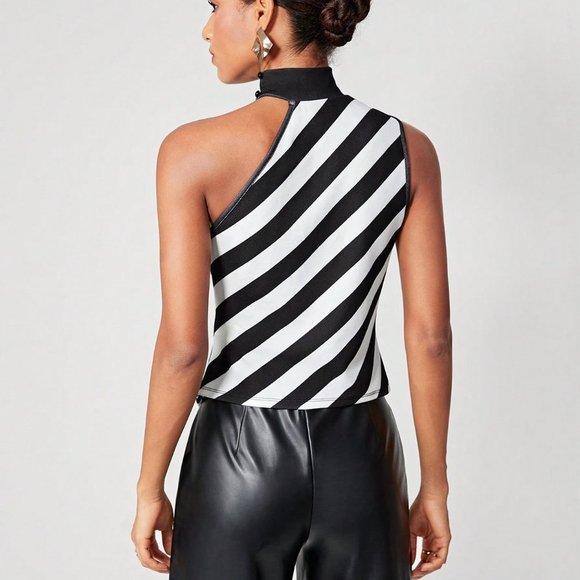Black Preppy Womens Striped Print Asymmetrical Neck Hanky Hem Tank Top - Picture 2 of 5